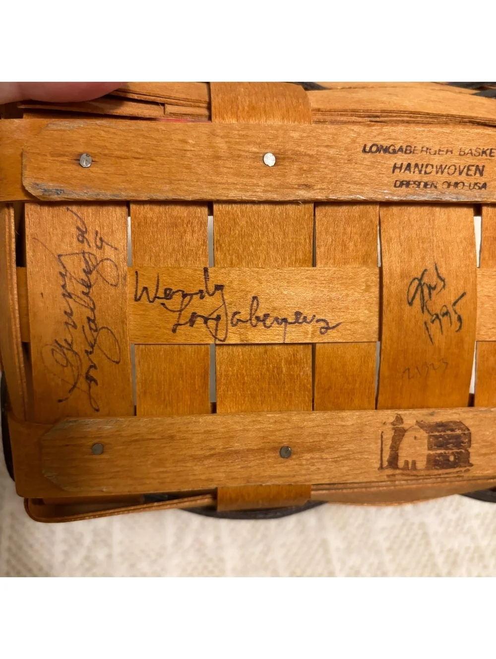Longaberger Basket with Liners & 4 Signatures - 1995 & 2 Purses